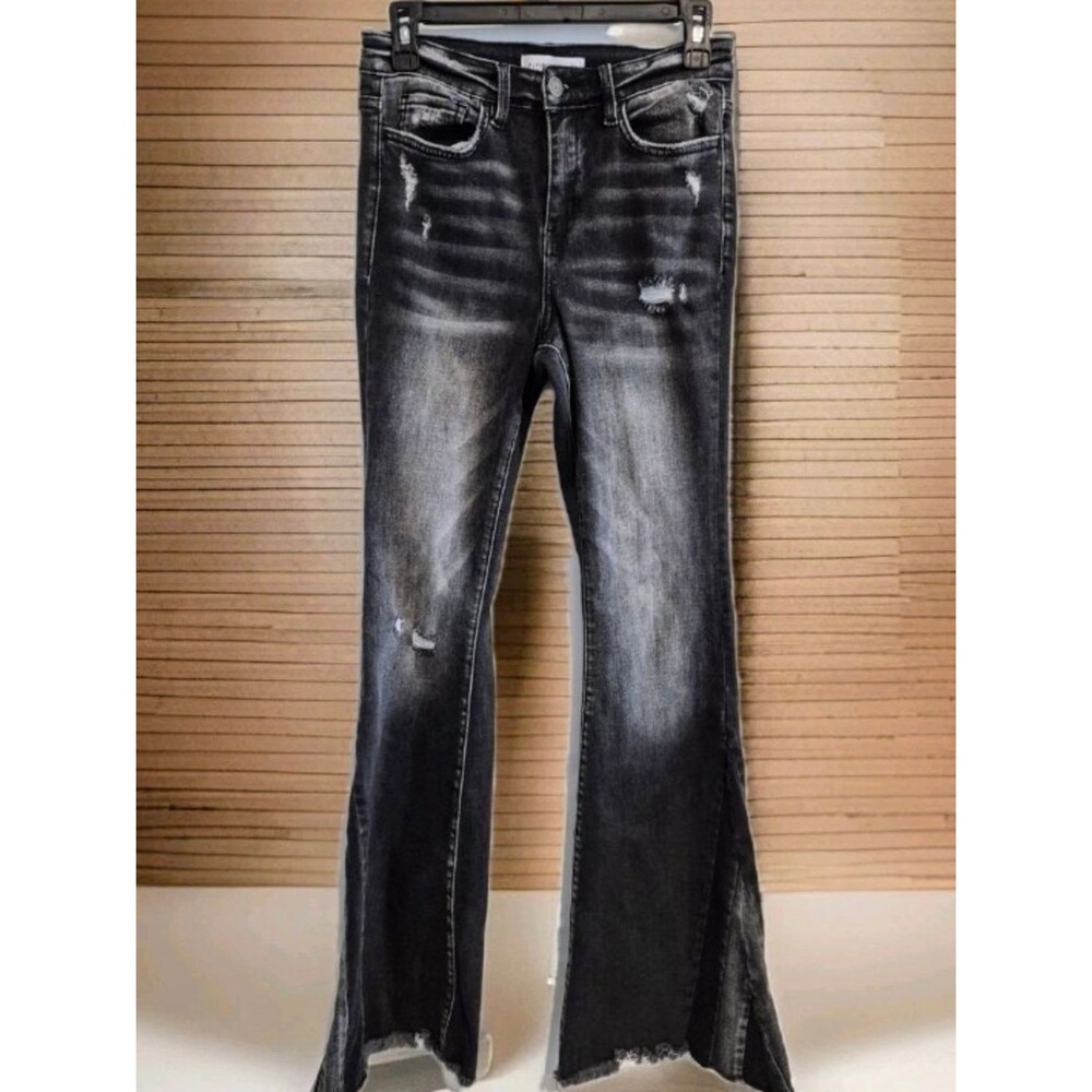 Flying Monkey Faded Black Distressed Flare Jeans Split Hem Size 26